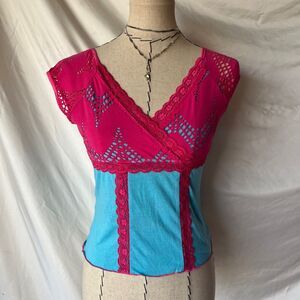 Imagine USA babydoll pink and teal fishnet top